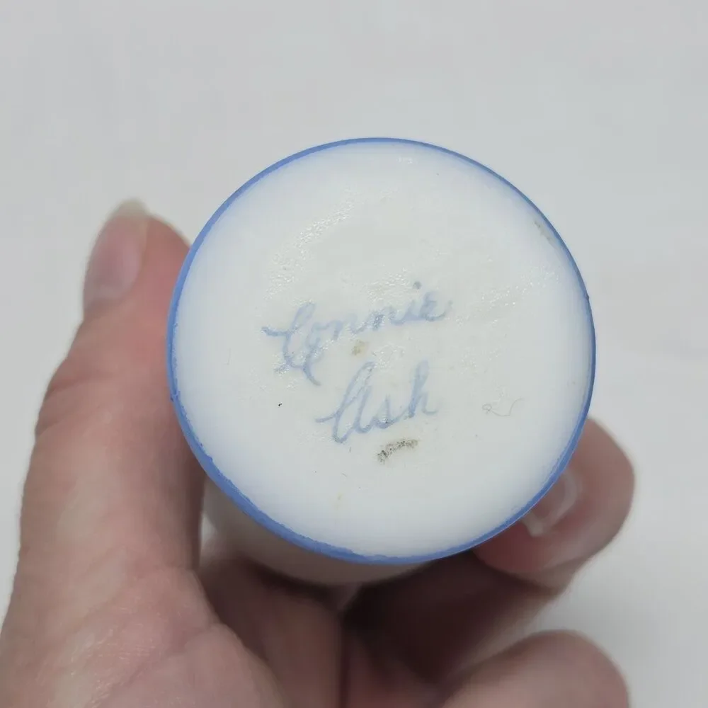 FENTON SATIN MILK GLASS HAND PAINTED BLUE BELLS EGG ON STAND SIGNED VINTAGE